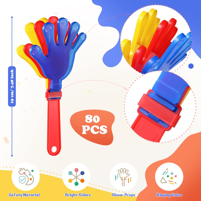 Sratte 80 Pcs 9.5 Inch Hand Clappers Noisemakers Bulk Clappers Noisemakers Party Favors Mini Hand Clappers Plastic Noise Makers for Sporting Events Fiesta Birthday Game Rewards Cheers Supplies - Image 2